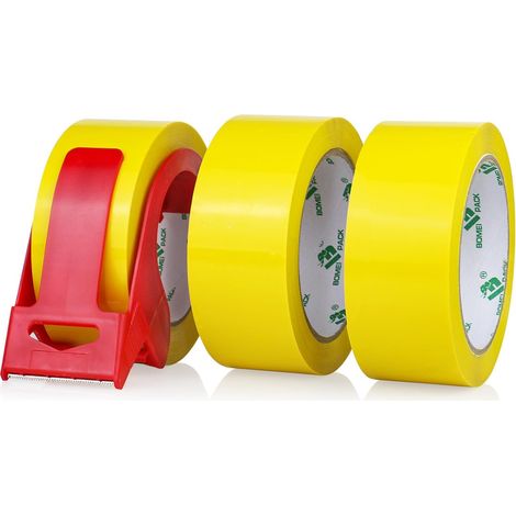 66m x 48mm Packing Tape - 3 Rolls with Dispenser, Strong Adhesive Printing for Parcel, Warehouse, E-Commerce (Yellow) (1/5)