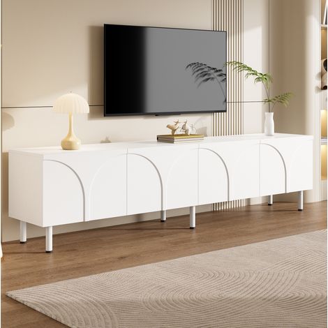 MODFU – Mobile TV 180x35x49 cm in MDF con 4 ante a linee curve, 2 vani contenitore e piedi in metallo – Bianco (1/5)