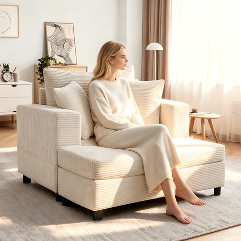 Canapé convertible avec repose-pieds et rangement - Velours côtelé beige crème avec 3 coussins - Mousse haute résilience charge 136-159kg - Pour salon chambre appartement (1/5)