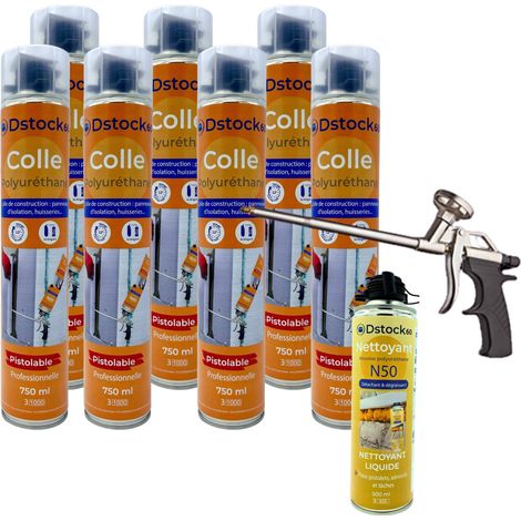 DSTOCK60 - Lot de 7 colles de montage polyuréthane + 1 pistolet + 1 nettoyant mousse - Mousse polyuréthane faiblement expansive pour le collage des panneaux isolants, rouleaux de bitume, huisseries…