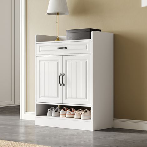 Zapatero de entrada con cajones, 2 puertas, estantes ajustables, tiradores metálicos negros, estilo moderno, 75×36×95,5 cm, blanco (1/5)
