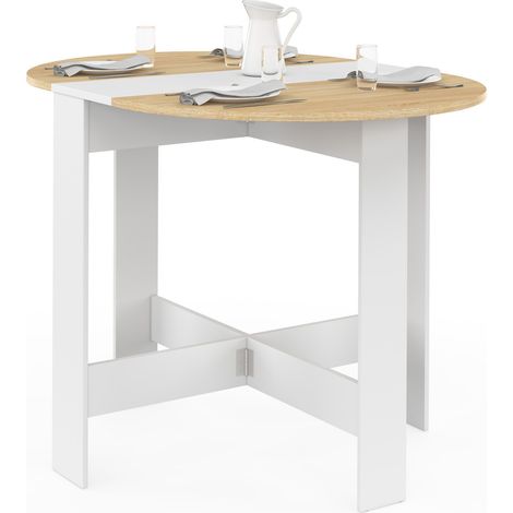 Klappbarer Konsolentisch EDI rund 2-4 Personen Holz weiß Tischplatte in Buchenoptik 103 x 76 cm
