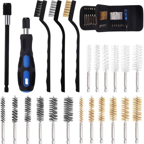 Set mit 24 Drahtbürsten in 3 Materialien und 6 Größen, darunter Drahtbürsten aus Edelstahl, Messing und Nylon mit Griffen sowie gedrehte Drahtbürsten – 6,35 mm Sechskantschaft (1/5)