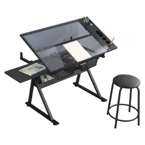 Tavolo da disegno regolabile in vetro temperato 5 mm con sgabello nero MODENUIT (1/5)