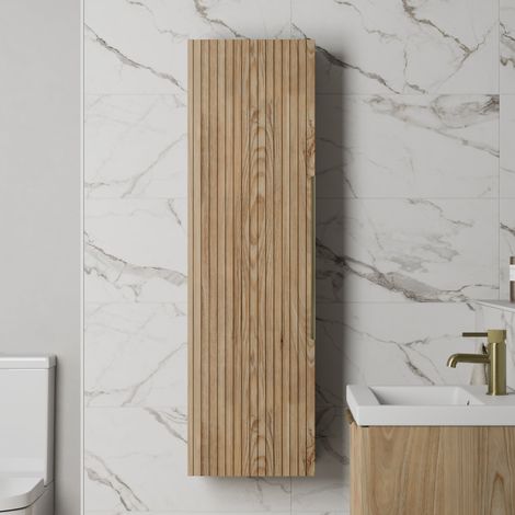 1200 x 350mm Fluted Wall Mounted Tall Bathroom Cabinet Storage Cupboard Oak (1/5)