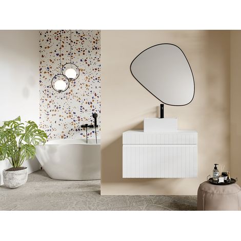 Meuble de salle de bain suspendu strié blanc avec vasque carrée à poser - 80 cm - SATARA (1/4)
