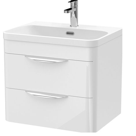 Balterley Aldershawe Modern Bathroom Wall Hung 2 Drawer Thin Edge Vanity Unit Basin, Gloss White, 600mm (1/4)