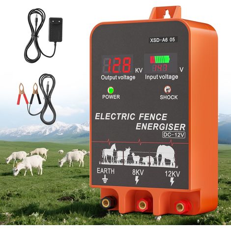 Électrificateur de clôture électrique 12 V 2 J, portée de 10 km IP44, isolateurs pour testeurs de clôture électrique, pour chevaux, bovins, porcs et chèvres, 3 modes d'alimentation (1/5)