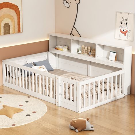 Bett Daybed 90x200 cm modern aus Kiefer in Weiß mit Lattenrost, Sicherheitsumrandung, aufklappbarer Seite und Ablagefächern (1/5)