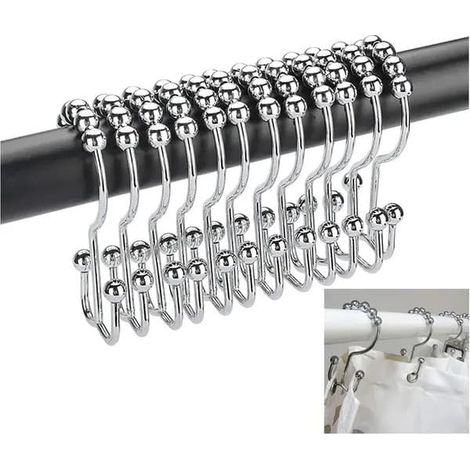 Anneaux de rideau de douche, acier inoxydable, système coulissant à 5 roulettes, argenté, lot de 12 (1/5)