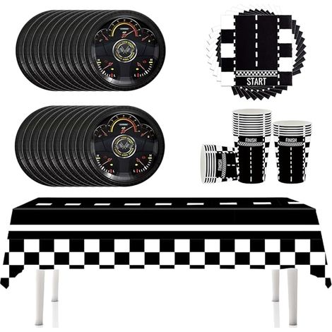 Vaisselle de fête course automobile. Assiettes, gobelets, nappes et serviettes. anniversaires d'enfants et fêtes de naissance. (1/5)