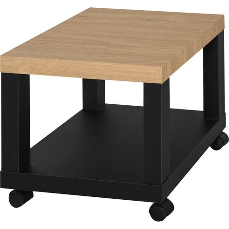 Table d'appoint roulante, table basse moderne avec étagère ouverte, 40 x 40 x 40 cm, bois naturel & noir (1/5)