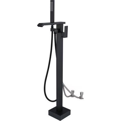 Robinets de baignoire autoportants noirs, robinets de baignoire sur pied robinet mitigeur de salle de bain robinet de baignoire pommeau de douche à main robinet de bain autoportant en laiton (1/5)