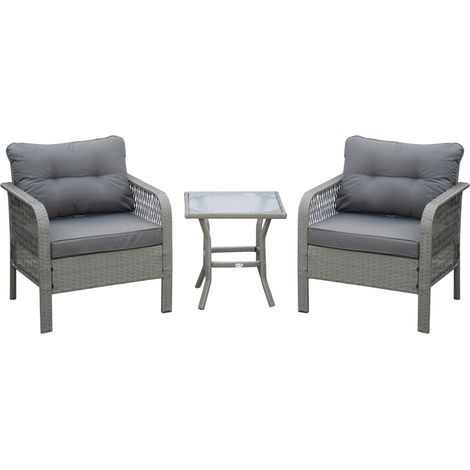3 Pieces Rattan Bistro Set with Glass Top Coffee Table, Chairs and Cushions for Outdoor, Patio, Balcony, Grey