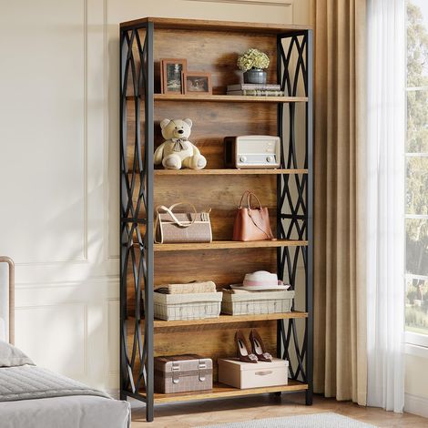 Tribesigns – Bibliothèque industrielle 180 cm – 6 étagères ouvertes en MDF et métal – Design géométrique pour bureau et salon – Marron (1/5)