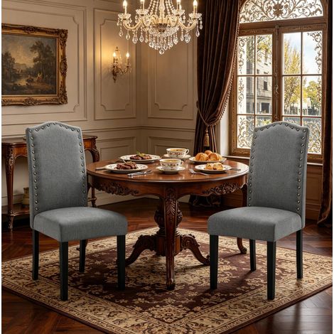 Silla de comedor de respaldo alto, lote de 2, 102 cm, lino y madera, gris oscuro HAVRYA (1/4)