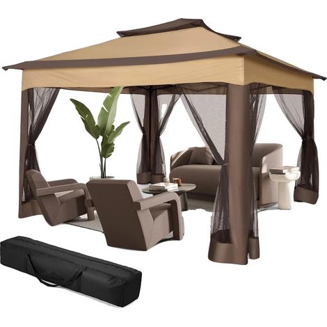 Abri de jardin, Auvent imperméable, Hauteur réglable, Marron, 3.65x3.65m (1/2)