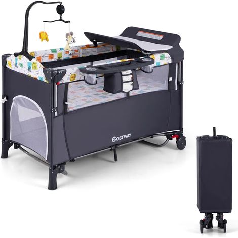 COSTWAY Cuna de Viaje Convertible 5 en 1 con Cambiador, Bolsillo de Almacenamiento, Centro de Guardería para Bebés, Juguetes Colgantes, Cuna Ajustable de 4 Niveles con Ruedas y Frenos (Gris)