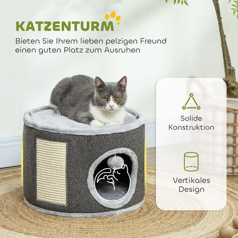 Katzenhaus, 2 Ebenen, Plüschbezug, Kissen, Sisal-Kratzbaum, Ø 40 x 30 cm, dunkelgrau (1/5)