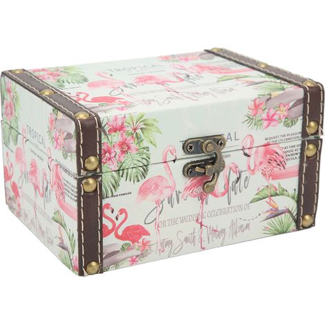 Boîte à bijoux vintage anglaise en bois imprimée flamants roses, coffret cadeau de rangement pour la décoration intérieure