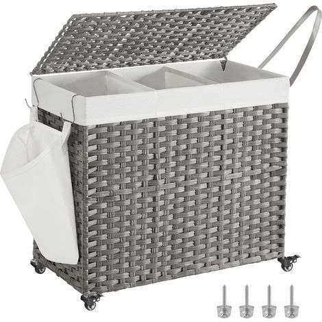 SONGMICS Cesto Portabiancheria con Coperchio, 160L, Cesta Biancheria in Rattan Sintetico con Ruote, 3 Scomparti, Sacco Rimovibile, Lavanderia Camera da Letto, 70 x 36 x 66 cm, Grigio LCB365G01 (1/5)