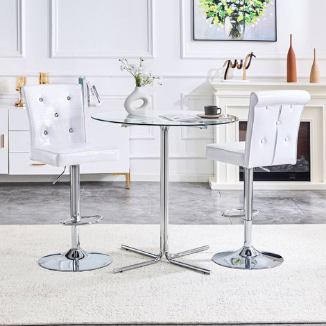 Lot de 2 tabourets de bar réglables blancs en similicuir PVC effet crocodile, boutons cristal, assise rembourrée, hauteur 125 cm (1/5)