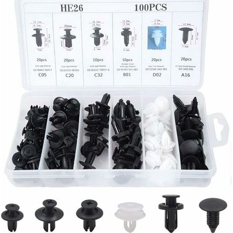 100 Pièces Clips Rivet Plastique Universel 6 Tailles pour Pare-chocs Porte Aile Fixation Kit (1/4)
