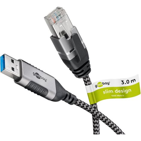 Ethernet-Kabel USB-A 3.0 auf RJ45, Slim, 3 m, verbindet Router, Modem oder Netzwerk-Switch mit dem USB-A-Port von Laptop, Tablet oder Smartphone. Kabellänge 3 m