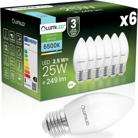 6 bombillas LED E27 tipo vela B35 de 2,5 W = 25 W, 249 lm, 6500 K, luz fría, 180° LUMILED