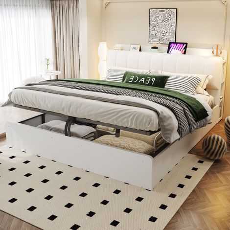 Cama con almacenaje 180 x 200 cm, hidráulica, con repisa en cabecero, USB y blanca OKMYHOME (1/5)