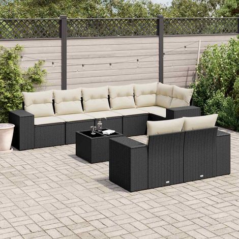 Salon de Jardin 9 Places Noir Résine Tressée avec Table Verre Trempé et Coussins Crème - Ensemble Modulaire avec Rangement Intégré (1/3)