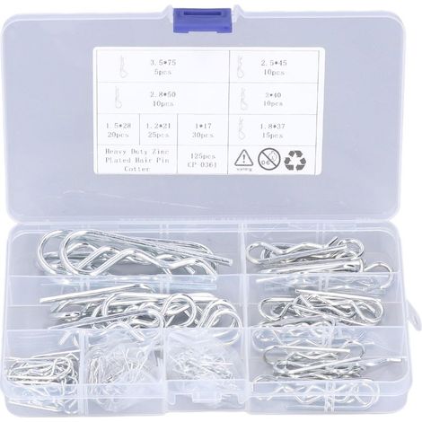 Kit de broches fendues en acier inoxydable, 125 pièces, épingle à cheveux Type R Type B, assortiment de 8 tailles, bote d'emballage transparente (1/5)
