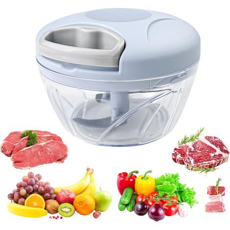 Picador de verduras manual con 3 cuchillas de acero inoxidable, capacidad de 500 ml, material de polipropileno y acero inoxidable, bloqueo de seguridad, funcionamiento manual (1/5)