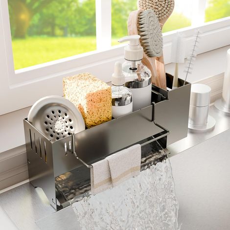 APEX Égouttoir d'évier avec fonction de vidange, porte-éponges en acier au carbone, étagère de cuisine, noir