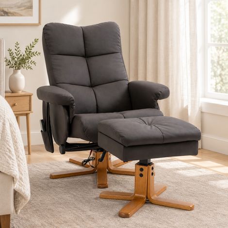 Sillón de masaje con taburete, reclinable 145°, 10 puntos, polipiel, marrón HAVRYA (1/5)