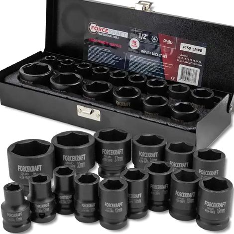 Set di bussole a impatto Forcekraft da 1/2", 15 pezzi, 6 punte (10-32 mm) (1/5)