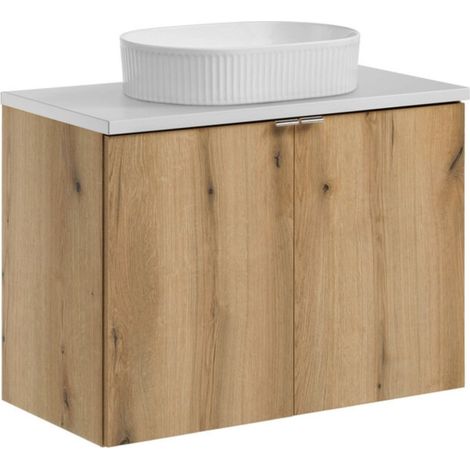 Set VANO effetto quercia e bianco 80cm: mobile sotto lavabo con ante + piano per lavabo + lavabo da appoggio scanalato bianco