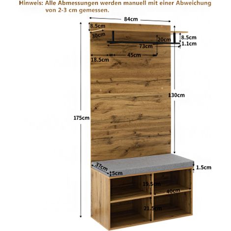 Armoire 175 cm de haut aspect bois – Avec banc à chaussures, étagère réglable, tringle et coussin, dimensions 84 x 32 cm – Pratique pour entrée