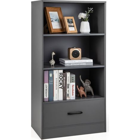 Libreria a 4 ripiani 60 x 38 x 120 cm con cassetto e dispositivo antiribaltamento stile classico MDF grigio 200010720
