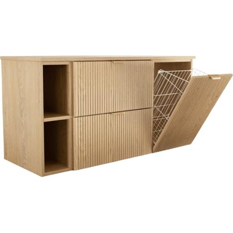 Set di mobili da bagno: 2 cassetti 60 cm + ripiano 20 cm + cesto portabiancheria da 40 cm, frontale scanalato, rovere cremona, 120 × 47 × 60 cm (1/5)