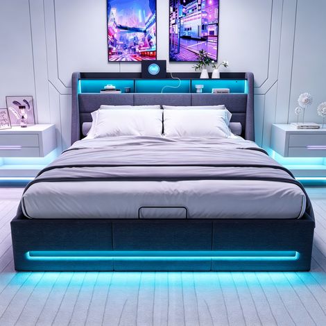 Lit adulte rembourré avec LED 160x200cm, lit coffre hydraulique, tête de lit multifonction avec prise et rangement, lin Gris (1/5)