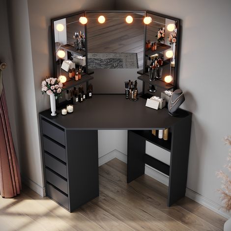 ELEGANT Bedroom Furniture Corner Dressing Table Makeup Desk with 3 Large Mirrors 5 Drawers, Black Dresser Single Table + LED Mirror Lights