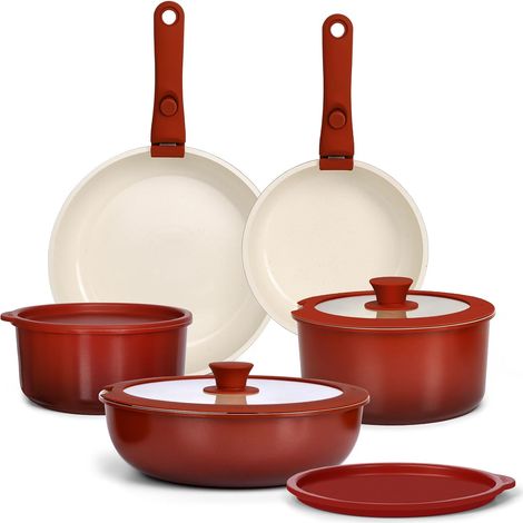 Set de Casseroles et Poêles Antiadhésif en Granit 11 Pièces Poele Induction avec Poignee Amovible, Sans Produits Toxiques, Tous Feux Lot, Four et Lave-vaisselle, Dégradé Rouge (1/5)