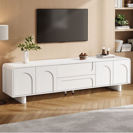 Meuble TV 180x40x46 cm en bois blanc, avec rangement moderne pour salon FloraGrace (1/5)