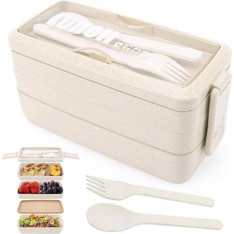Boîte à lunch 3 couches, boîte à bento 4 en 1 avec fourchette et cuillère, boîte de rangement alimentaire de 1000 ml pour hommes, femmes, étudiants, passe au lave-vaisselle au micro-ondes (Beige) (1/5)