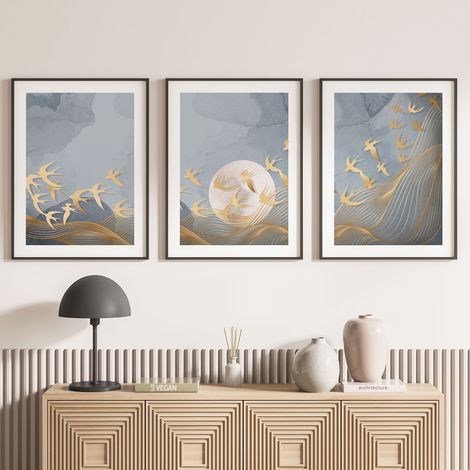 Lot de 3 Affiches / Posters Triptyque - Oiseaux lune - 3 Affiches - 70x100 cm (Cadres non fournis) - Photo pleine page (1/5)