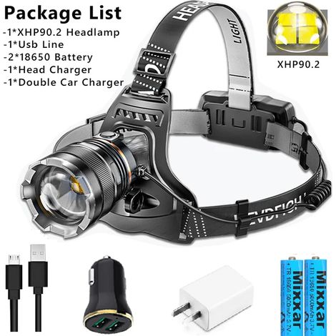 (H-XHP90.2-FR) Lampe frontale améliorée 30 000 lm avec capteur, lampe de pêche XHP90, lampe torche rechargeable USB avec batterie 18650, lanterne torche (1/5)