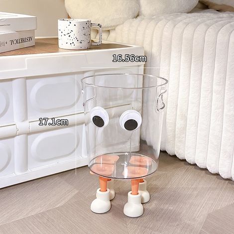 New cute transparent trash can, high-value trash can for bedroom and living room, popular online trash can, home decoration transparent trash can [small size] with eyes + feet (orange-red + light pink