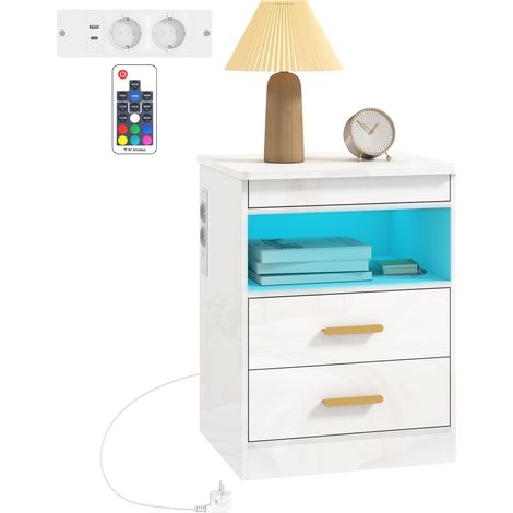 Nachttisch, Beistelltisch mit Ladestation und RGB-LED-Beleuchtung, Hochglanz Weiß (1/5)