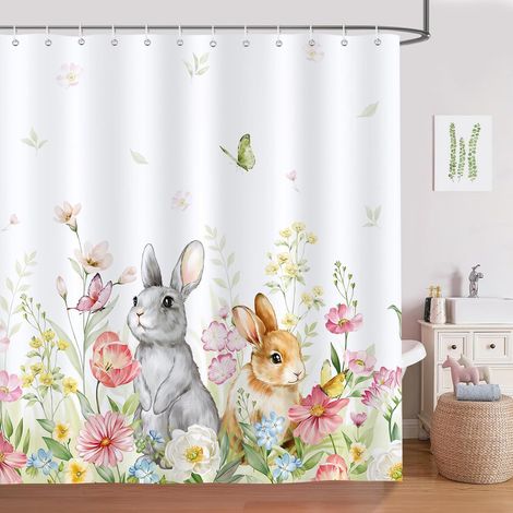 1 Rideau de Douche, Motif Lapin et Fleurs, Polyester Imperméable, 12 Crochets Inclus, pour Salle de Bain (1/5)